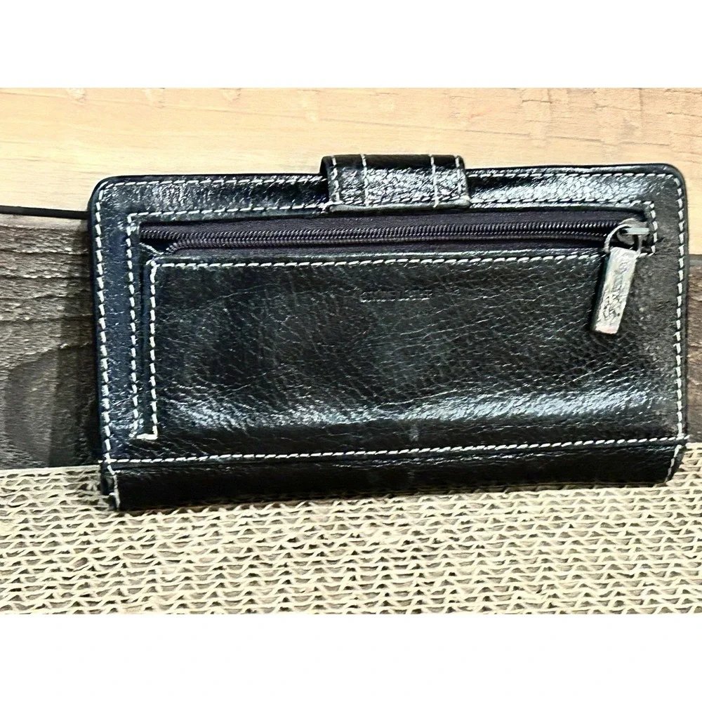 Fossil Trifold Wallet Womens Black Leather Checkbook Pen Holder Change‎ Cards